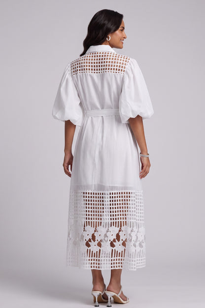 White A-Line Shirt Dress with Lace Panels and Puff Sleeves white smooth woven cotton-blend shirt dress - product view 5