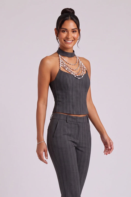 Dark Grey Pinstripe Corset-Style Halter Top dark grey pinstripe suiting fabric halter top - product view 2