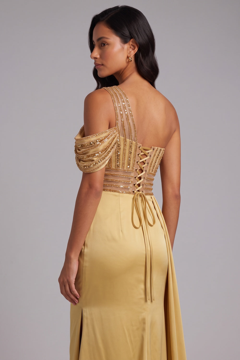 One Shoulder Beaded Mesh Draped Satin Mermaid Evening Gown