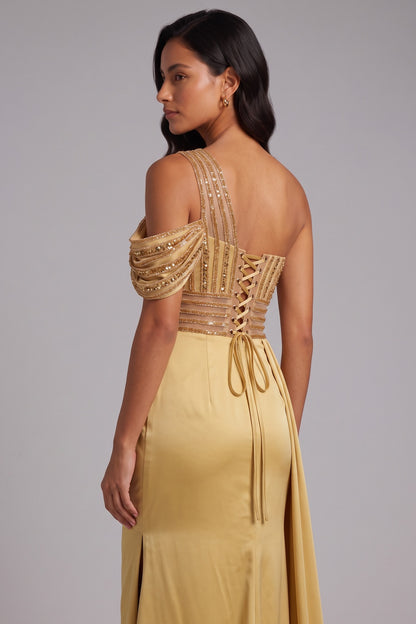 One Shoulder Beaded Mesh Draped Satin Mermaid Evening Gown