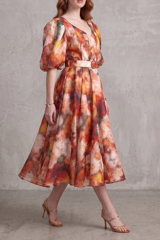 V-Neck Puff Sleeve Watercolor Floral Belted Midi Dress
