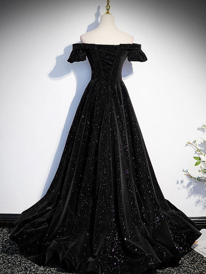 Black A-line Off Shoulder Velvet Dress