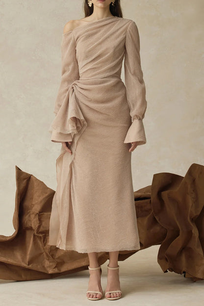 brianna Asymmetric Long Sleeve pleated maxi Dress in beige