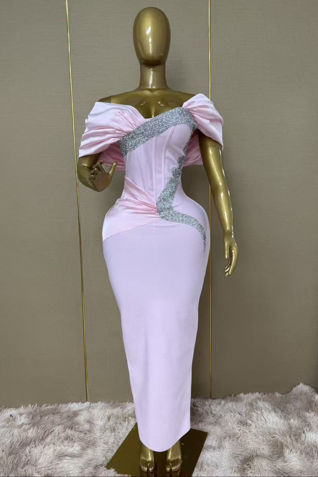 Light Pink Satin-Crepe Column Gown with Silver Sparkly Trim