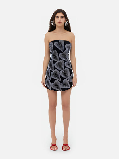 crystal leaf embellished mini dress in black