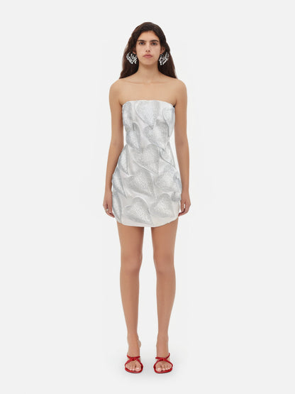 crystal leaf embellished mini dress in white