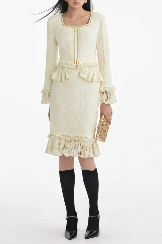 lace top bodycon skirt suit in ivory