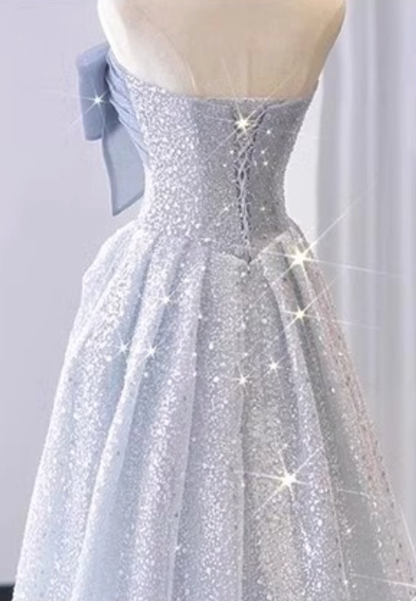 Silver-Blue Glitter Tulle A-Line Evening Gown