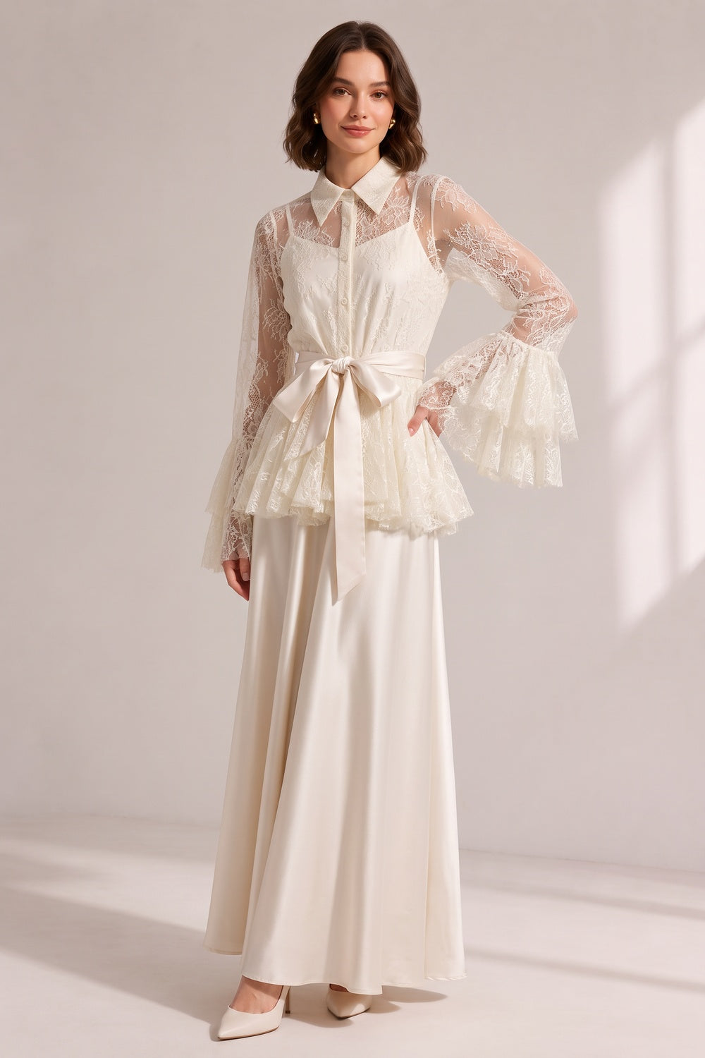 Cream Lace Flare Sleeve Shirt Top Satin Cami Sash Belt Wide Leg Maxi Pants Three-Piece Set