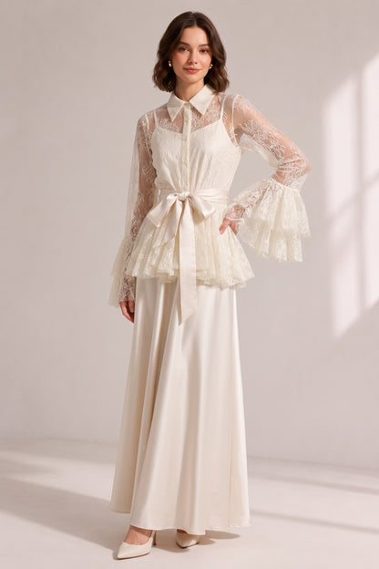 Cream Lace Flare Sleeve Shirt Top Satin Cami Sash Belt Wide Leg Maxi Pants Three-Piece Set