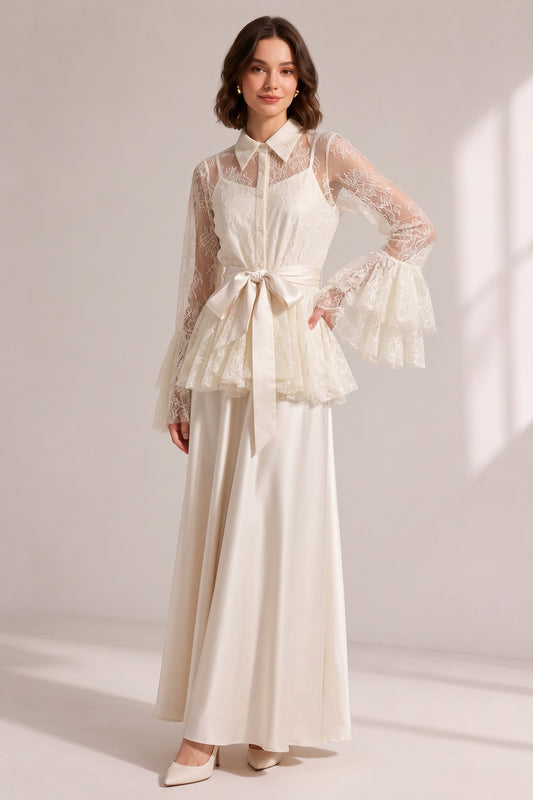 Cream Lace Flare Sleeve Shirt Top Satin Cami Sash Belt Wide Leg Maxi Pants Three-Piece Set
