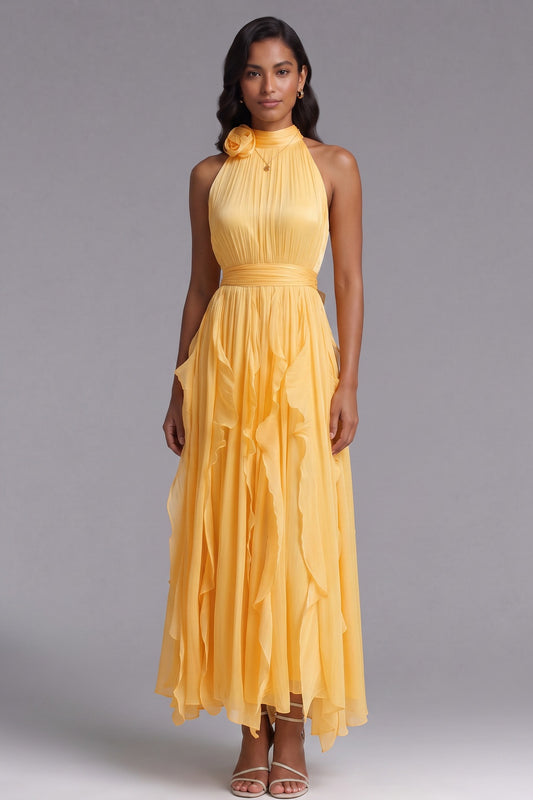 Yellow Chiffon A-Line Halter Maxi Dress yellow chiffon dress - product view 2