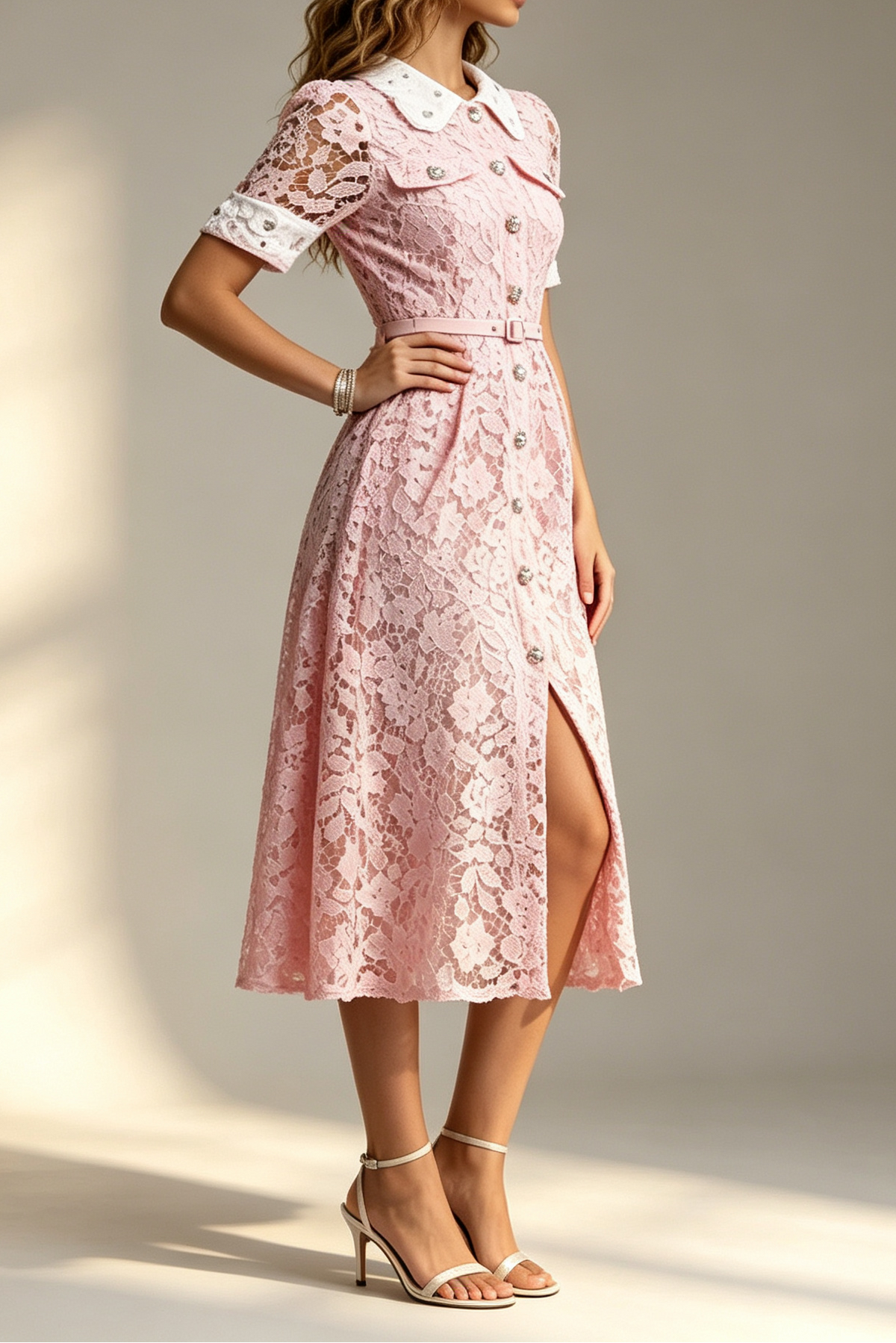Pink Contrast White Peter Pan Collar Rhinestone Button Short Sleeve Lace Belted High Slit Midi Shirt Dress