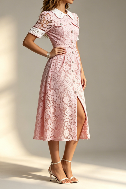 Pink Contrast White Peter Pan Collar Rhinestone Button Short Sleeve Lace Belted High Slit Midi Shirt Dress
