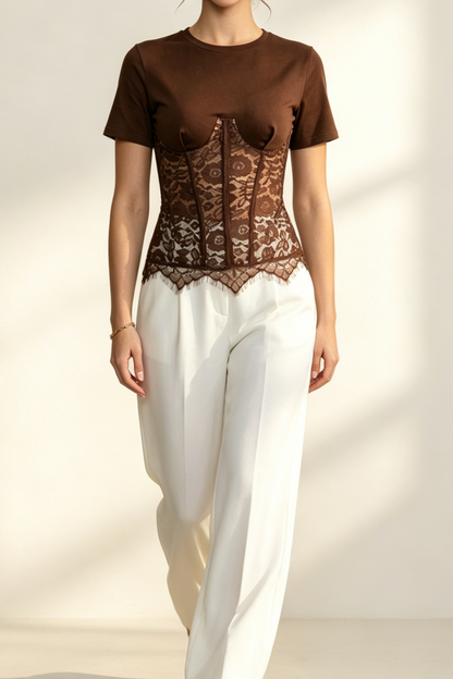 Brown Spliced Lace Corset Short Sleeve Top