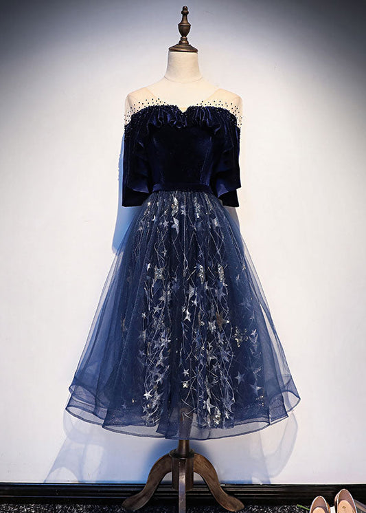 Blue tulle lace midi prom dress
