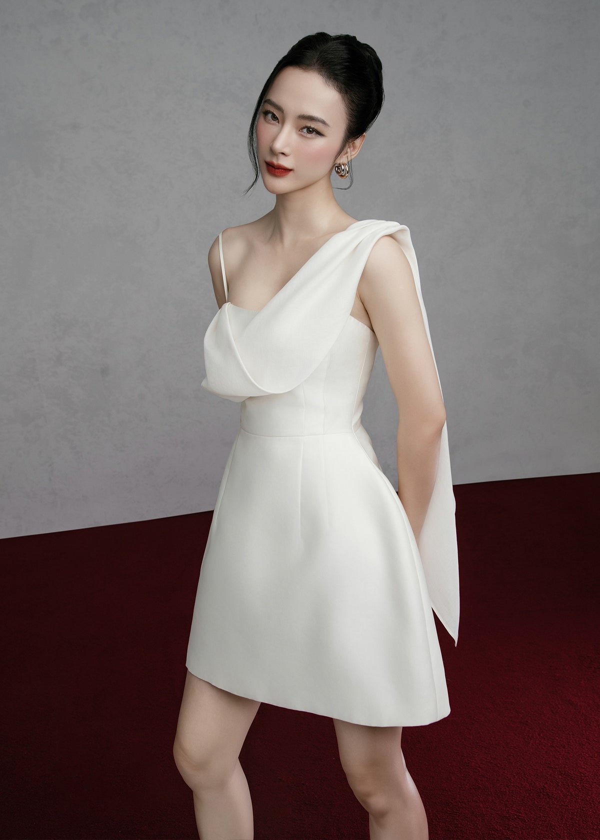 White Asymmetrical One-Shoulder Mini Dress with Sash Tie