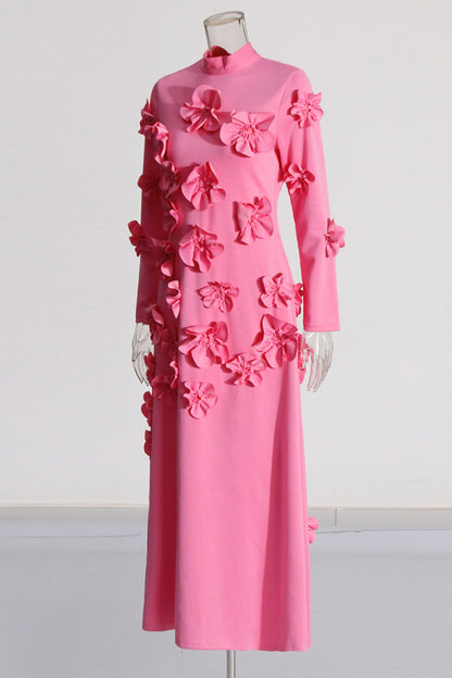 3D Flower Stand Collar Long Sleeve Midi Dress
