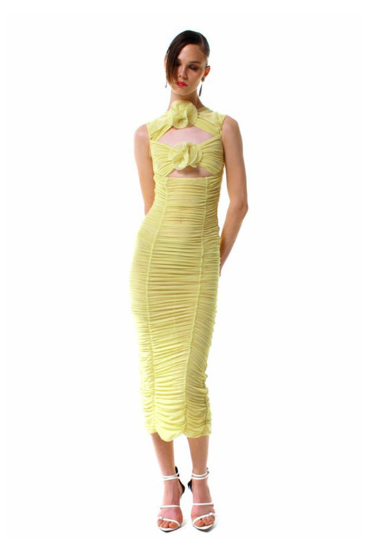 Tulle floral cutout midi dress in yellow