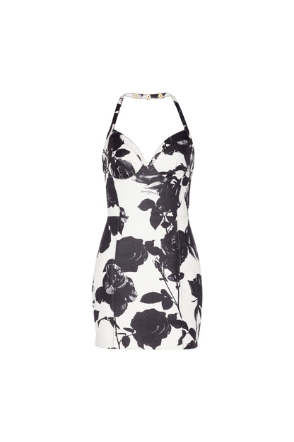 TABITHA TWO-TONE FLORAL-PRINT LEATHER MINI DRESS