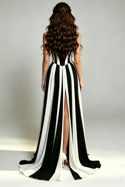Black White Vertical Stripe Floral Appliqué Sleeveless Maxi Evening Gown