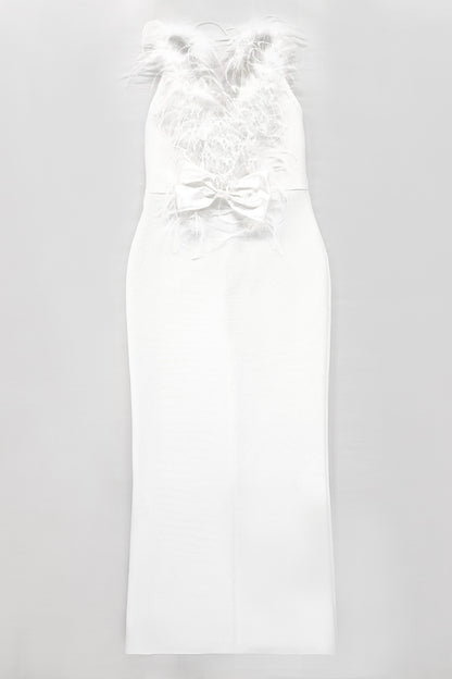 Feather bow backless midi dresses in white