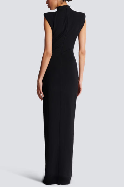 black Sleeveless Zipper high Slit Elastic jersey maxi Dress