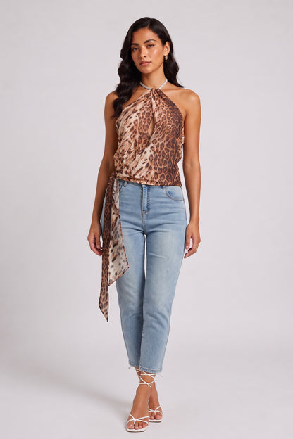 Leopard Print Halter Backless Wrap Cami Top