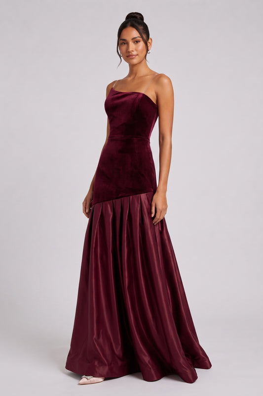Burgundy Velvet Asymmetrical Drop-Waist A-Line Gown burgundy velvet gown - product view 1
