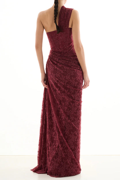 Wendy one-shoulder Lace maxi Dress In Burgundy