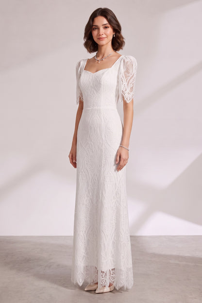 White Lace Floor-Length Dress with Puff Sleeves Premium Fabric - product view 1