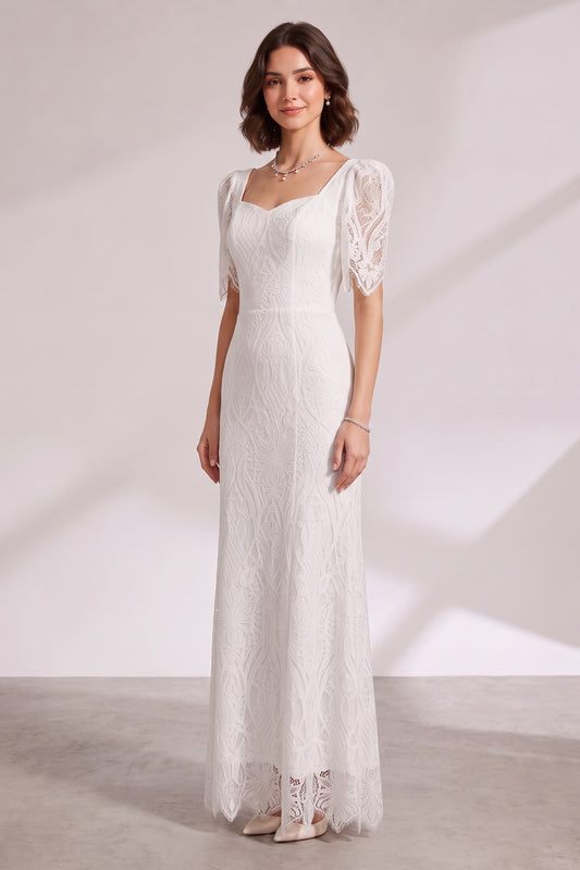 White Lace Floor-Length Dress with Puff Sleeves Premium Fabric - product view 1