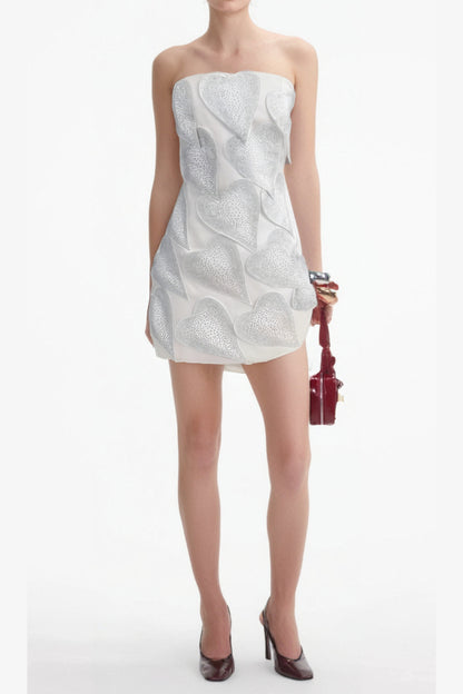 crystal leaf embellished mini dress in white