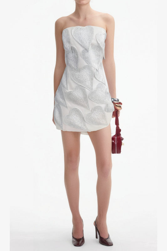 crystal leaf embellished mini dress in white
