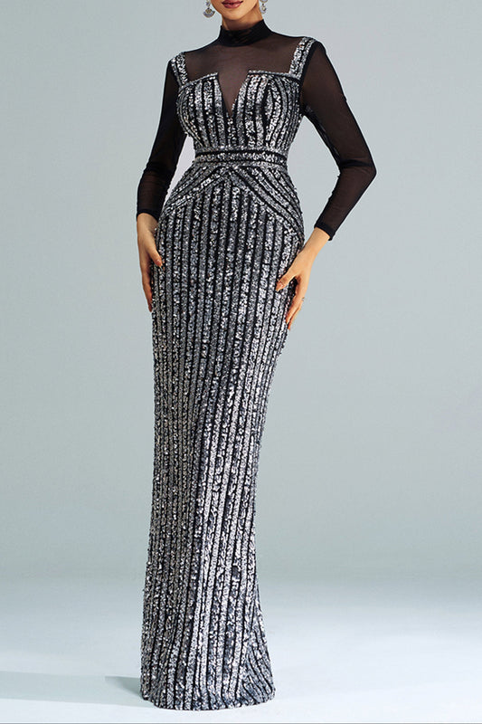 Stand Collar Sequin Panel Long Sleeve Prom Dress