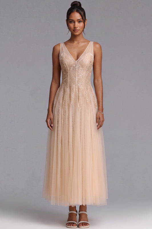 Champagne Lace V-Neck Evening Dress Premium Fabric - product view 1