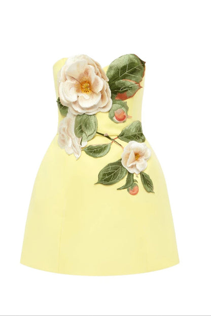 suzanne Appliqué Floral Bustier Mini Dress in yellow