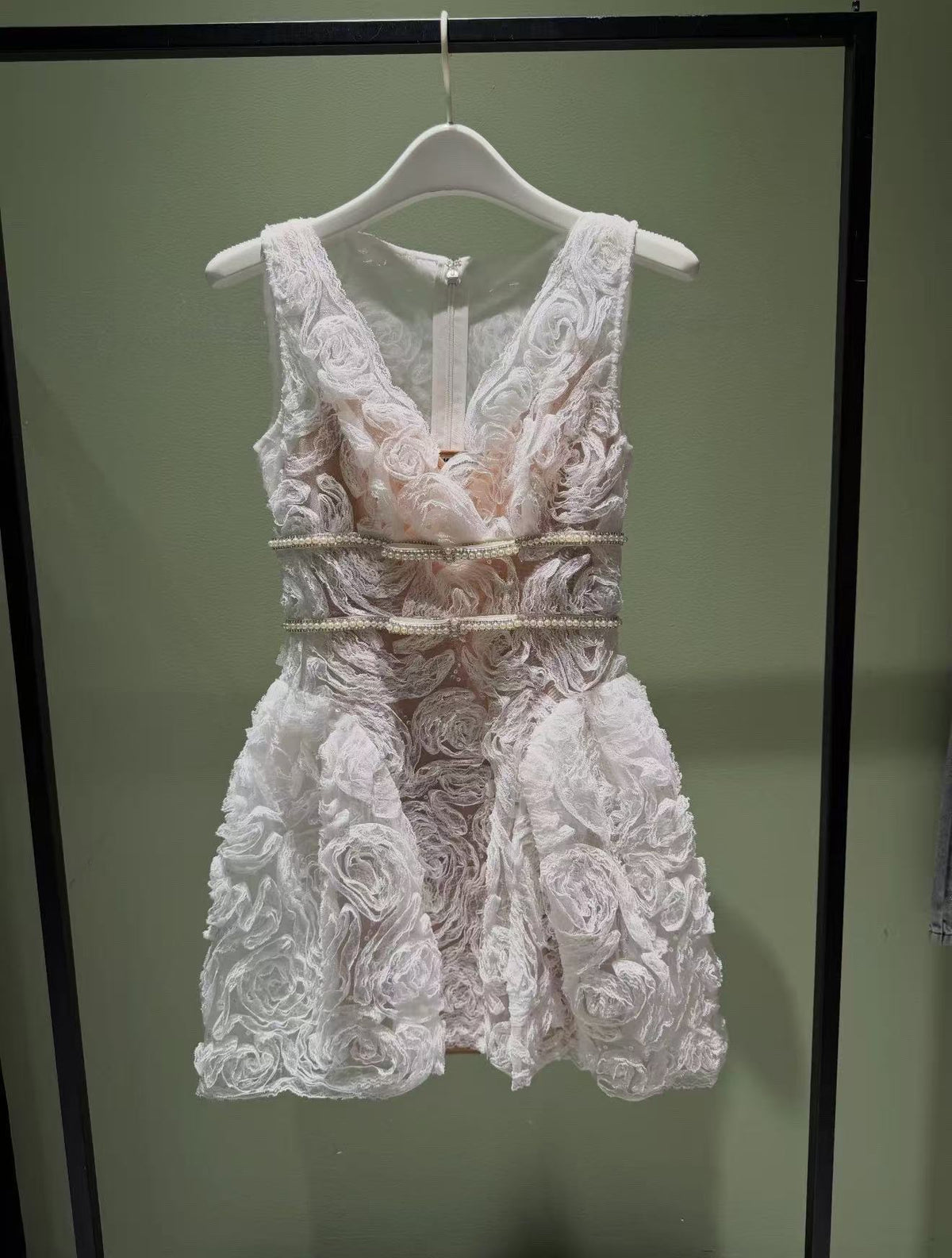 White sequin tulle and lace mini dress