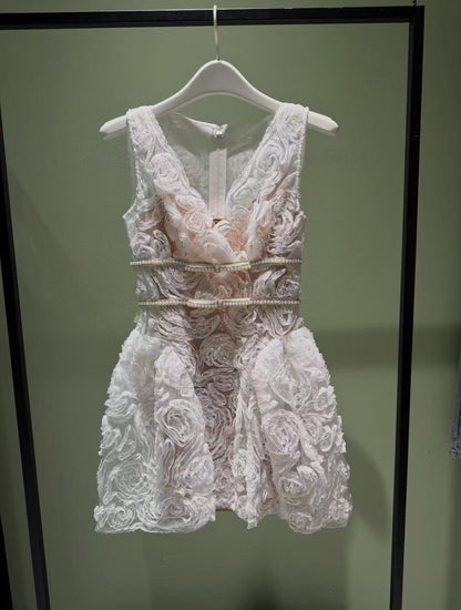 White sequin tulle and lace mini dress