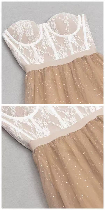 Peach Sparkle Tulle Corset Strapless Midi Dress