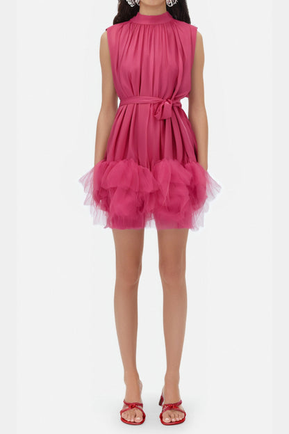 half-high-neckline tulle mini dress in pink