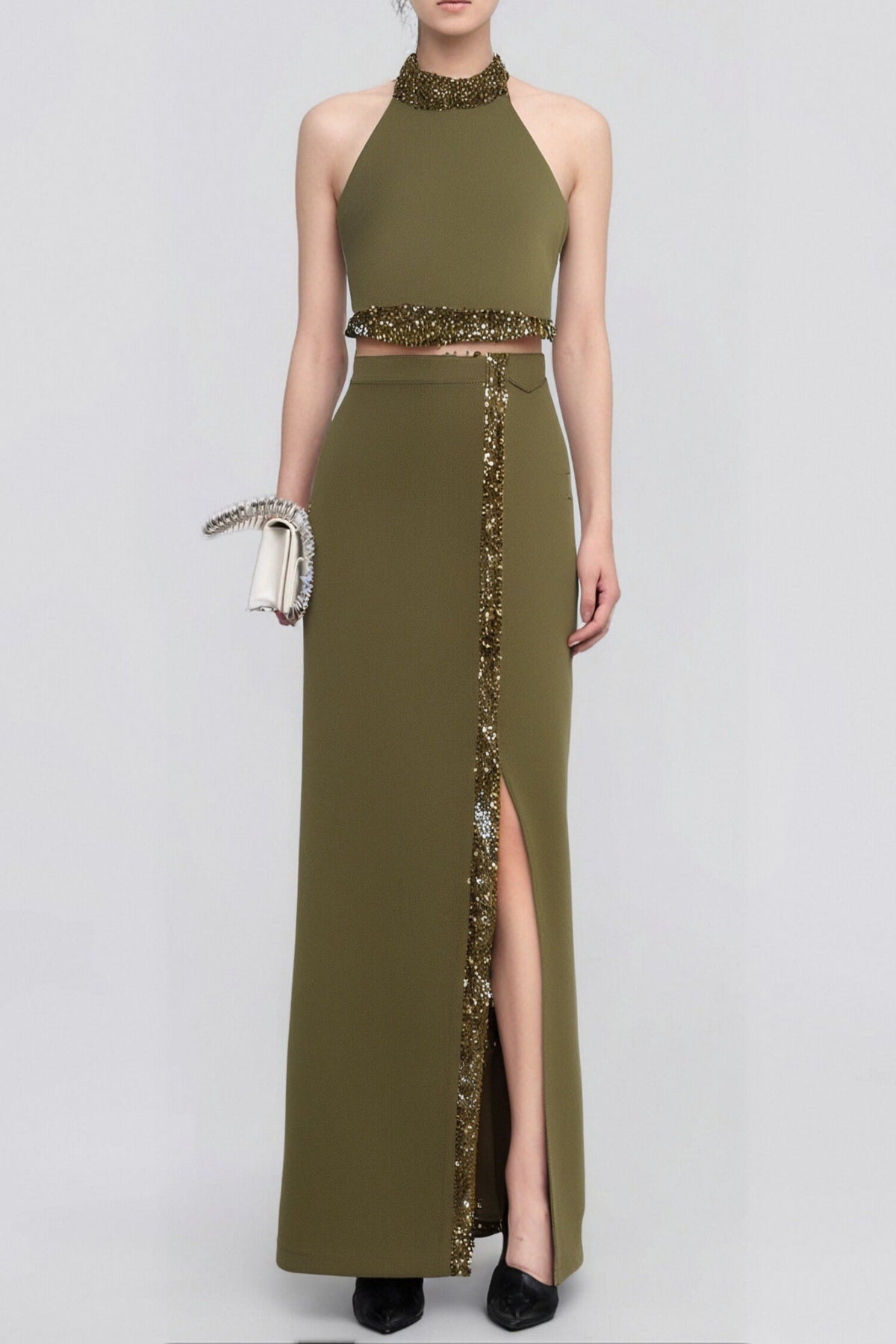 beaded diamond halter top slit skirt suit in green