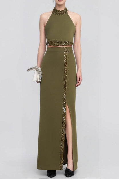 beaded diamond halter top slit skirt suit in green