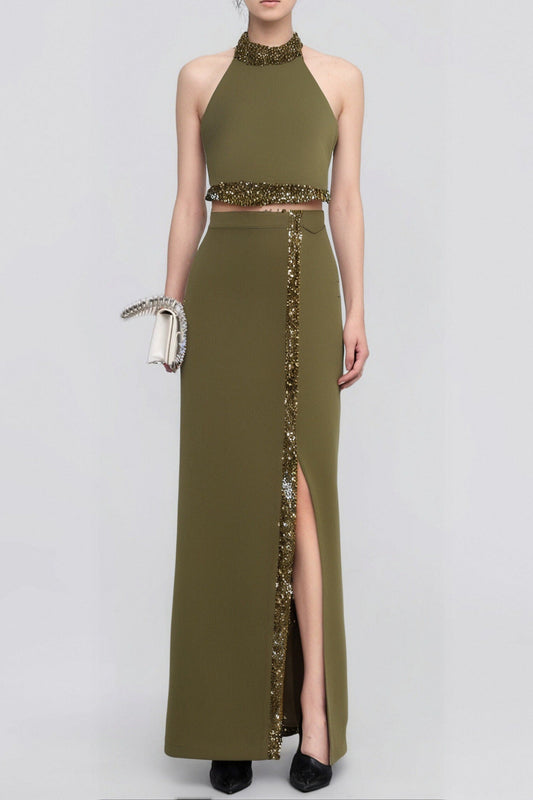 beaded diamond halter top slit skirt suit in green