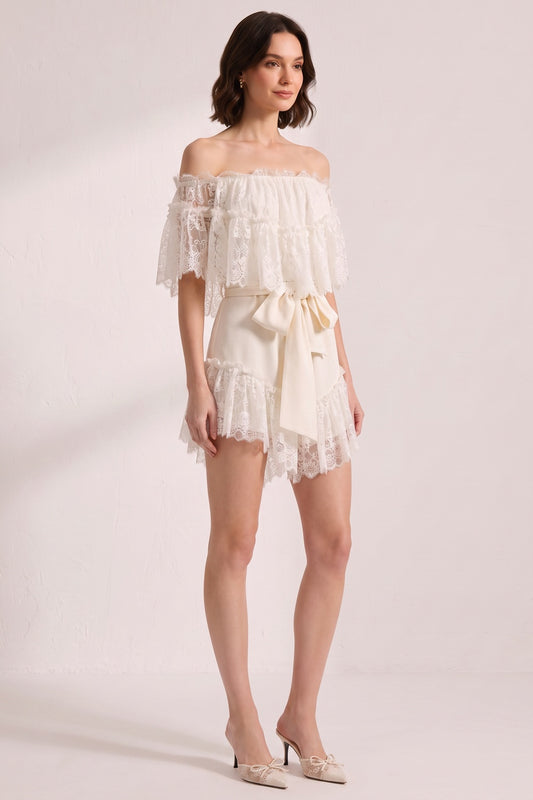 Off Shoulder Ruffled Lace Satin Bow Two Piece Short Set