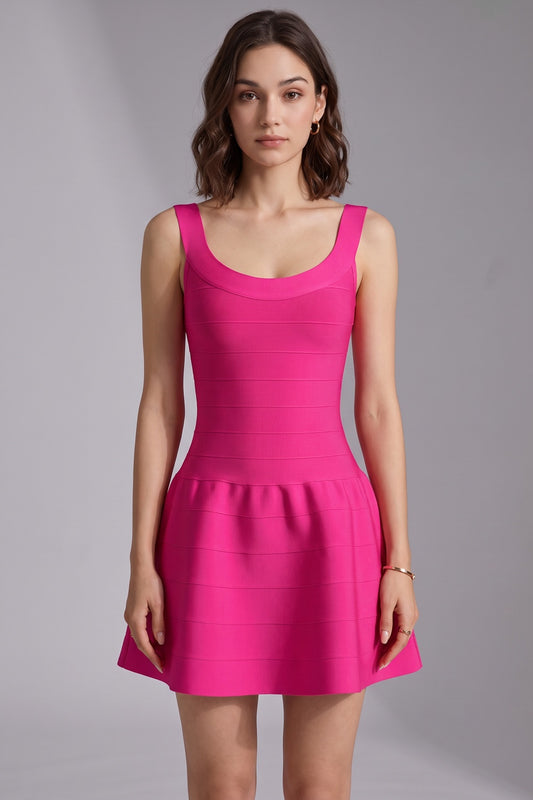 Hot Pink Heavy Stretch Knit Fit-and-Flare Mini Dress hot pink heavy stretch knit dress - product view 2