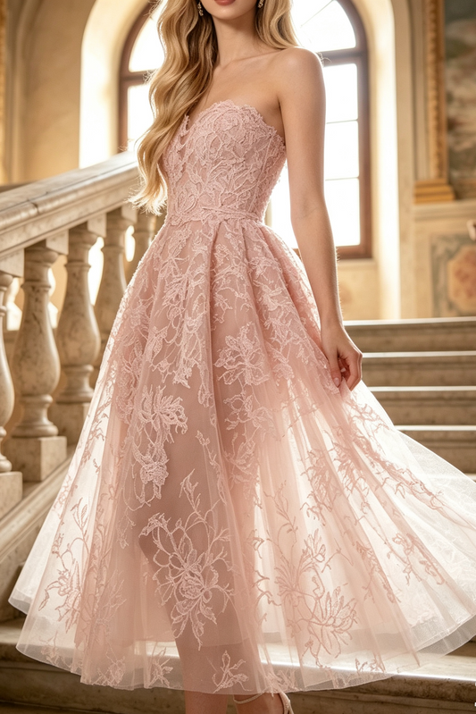 PINK BEADED LACE MIDI DRESS