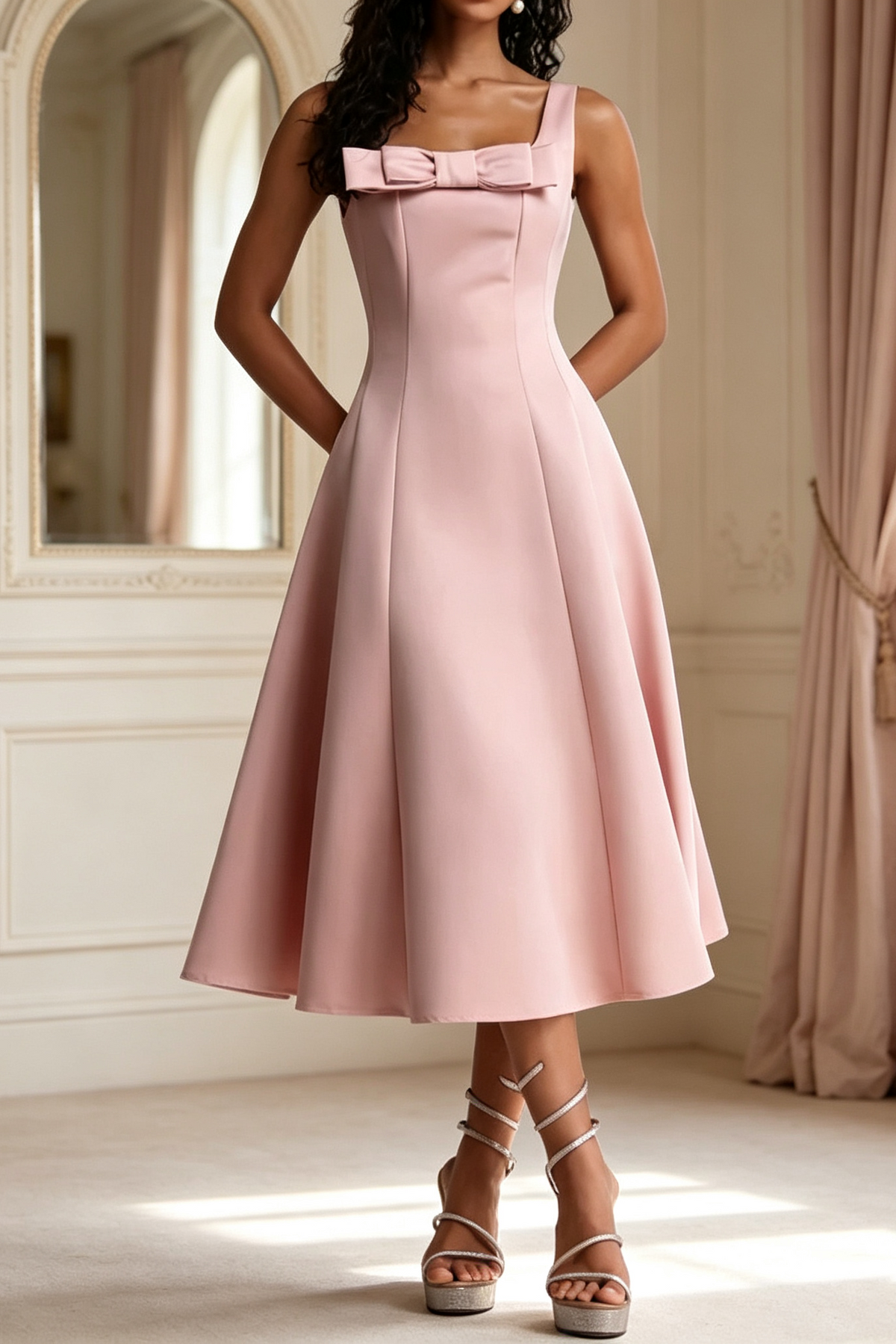 Square Strap Front Bow Satin Midi Swing Dress