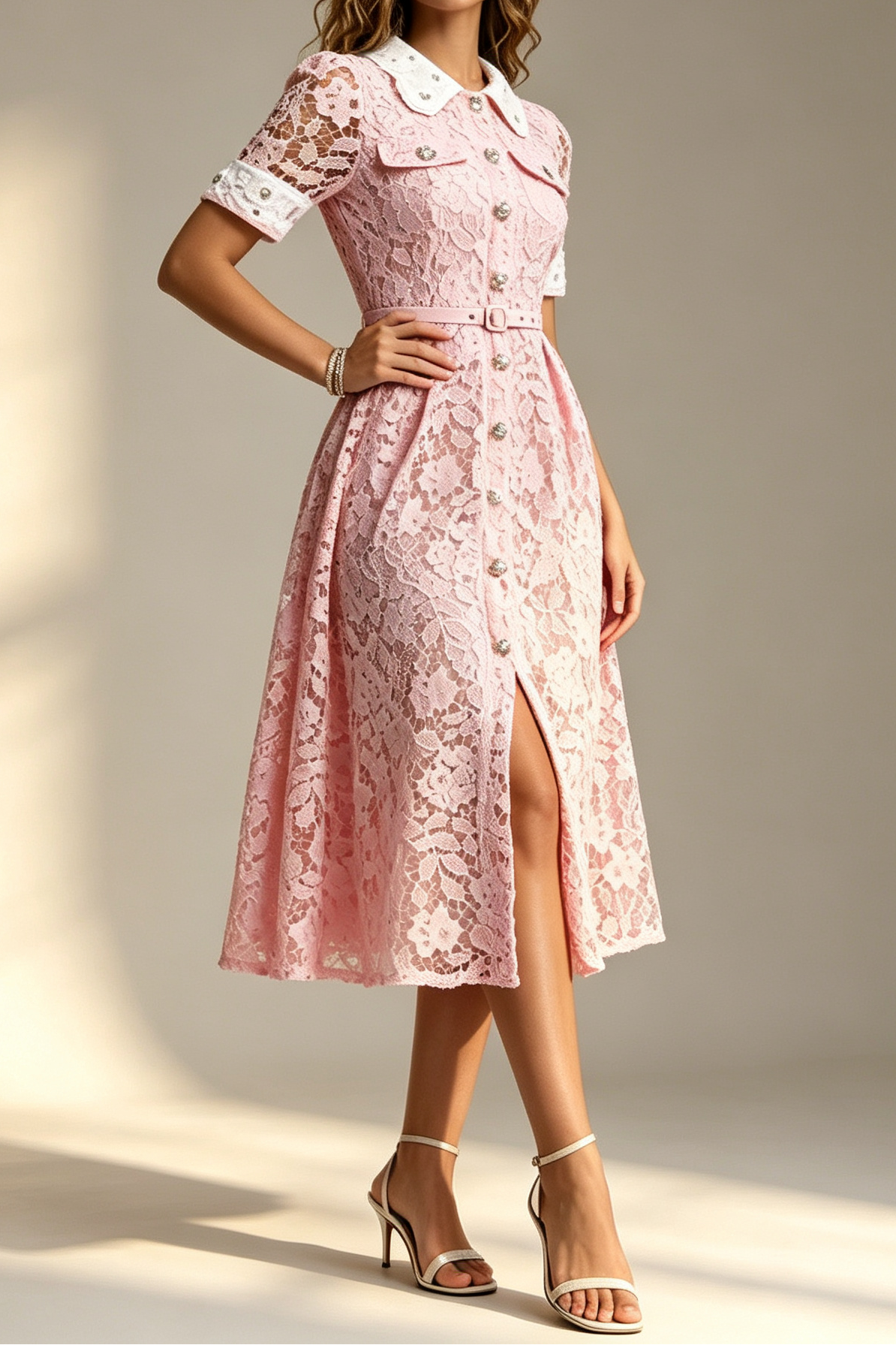 Pink Contrast White Peter Pan Collar Rhinestone Button Short Sleeve Lace Belted High Slit Midi Shirt Dress
