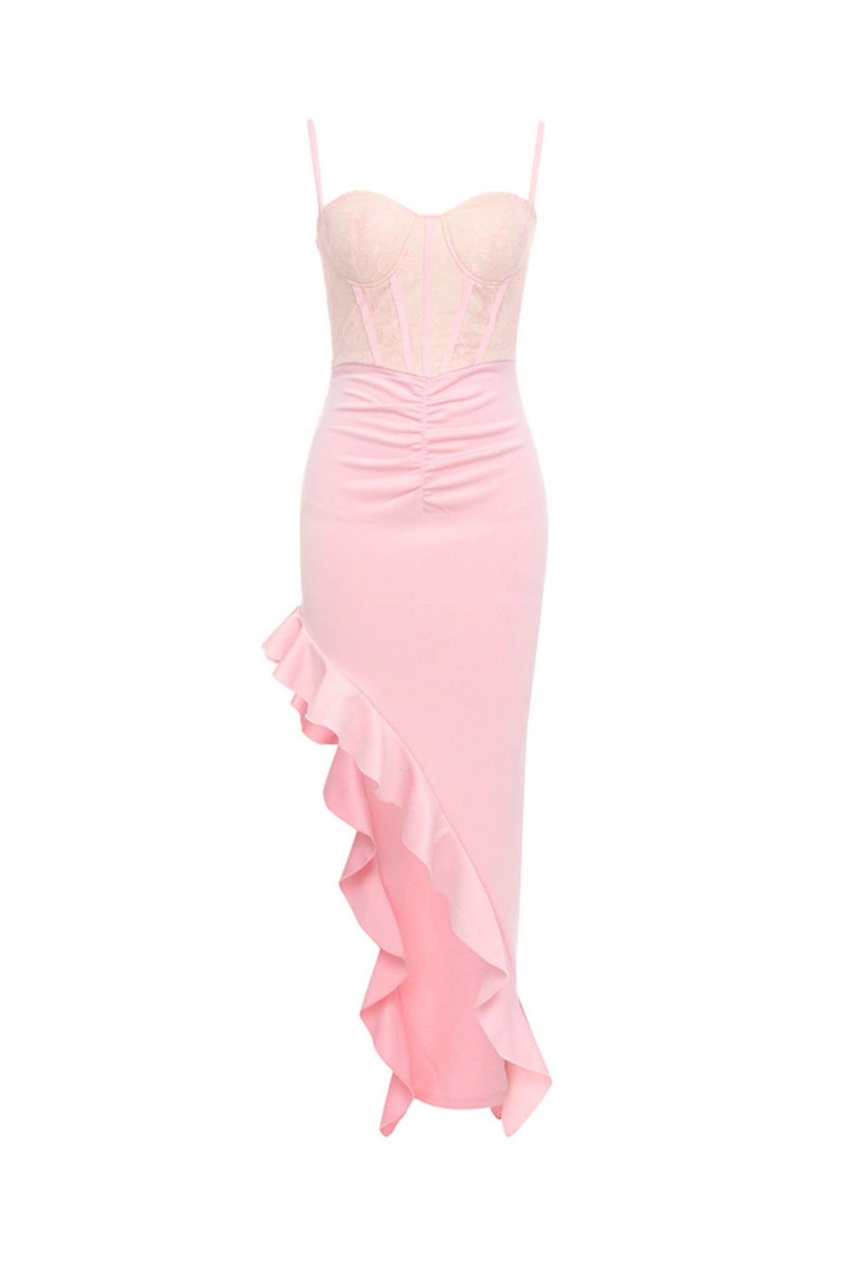 PINK SUSPENDER LACE RUFFLE DRESS